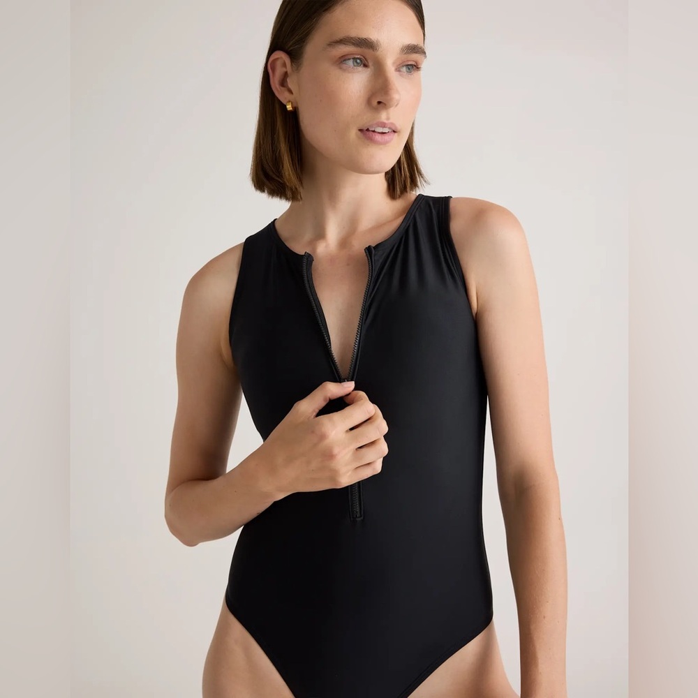 NIB Quince Italian Zip-Front One-Piece Swimsuit Black Women's Size Large
